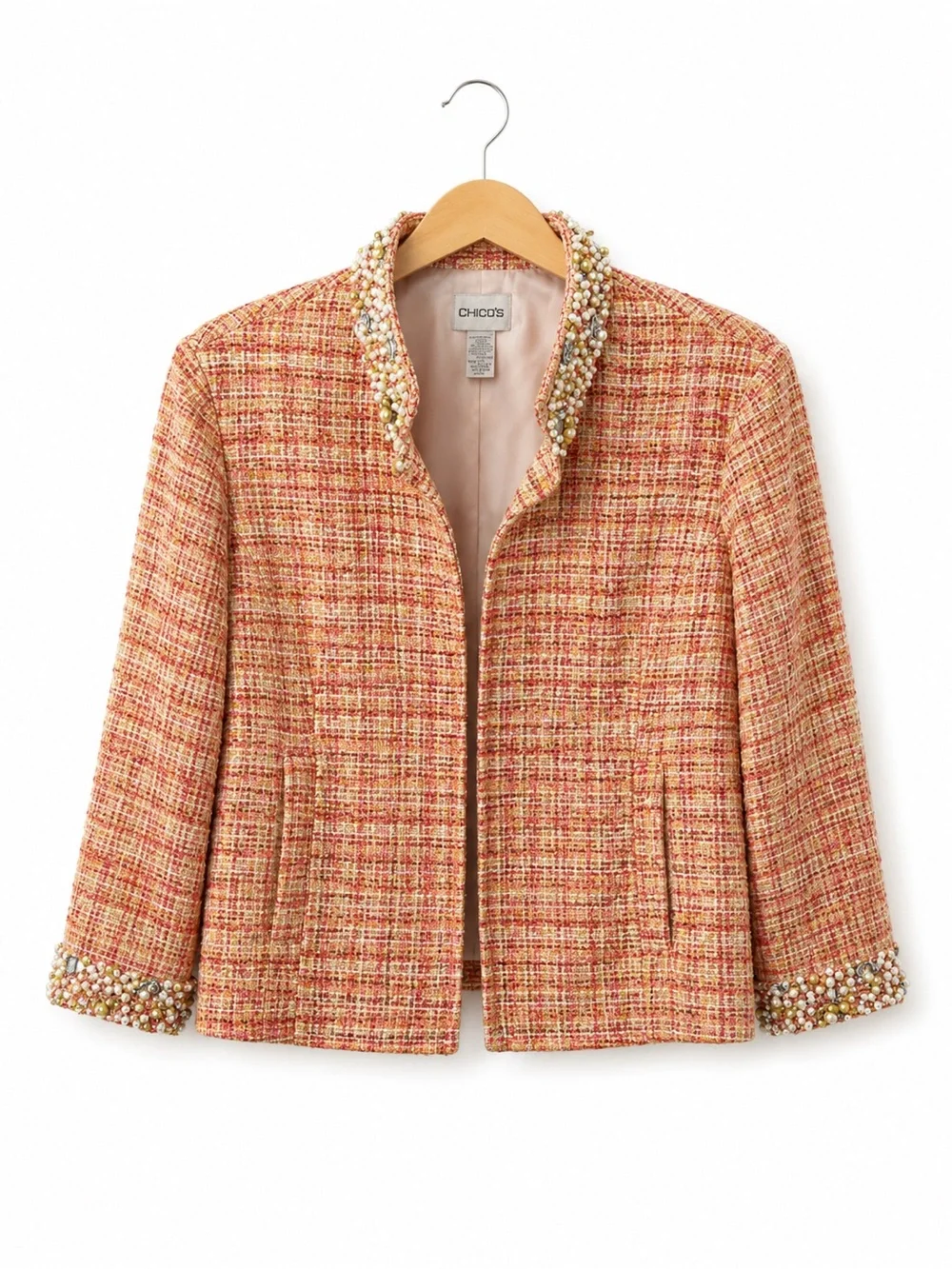 Chico’s Beaded Tweed Jacket Peach Orange Boucle Career Chic SZ 1 Classic Preppy